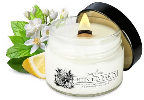UniQandle Duftkerzen im Glas – Starker Duft, gleichmäßiges Brennen, als Geschenk geeignet – Langbrennend, Holzdocht, natürliches Wachs (Green Tea Party)