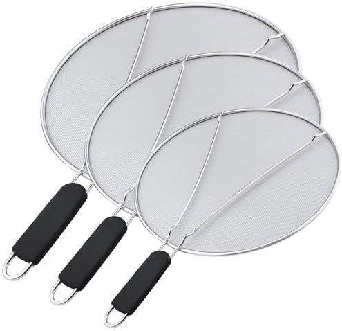 13'', 11.5'', 9.8'' Stainless Steel Grease Splatter Guard for Frying Pan with Comfortable Grip Handle, Ultra Fine Mesh Prevents Oil Splatters and Messes, Heavy Duty Splatter Screen