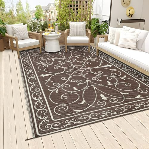 Famibay Outdoor Teppich Wetterfest TerrasseTeppich Wendbar Kunststoff Balkon Teppich Leichtgewicht Picknickdecke Faltbar Außen Teppich für Terrasse Garten Balkon Camping (Kaffee, 150 x 245 cm)