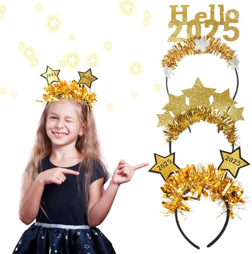 DATIFF 3pcs Silvester Haarreif 2025 Happy New Year Kopfschmuck Glitzer Stern Silber Gold Silvester Haarband Silvester Foto Requisiten für Kinder Erwachsene Neujahr Silvester Eve Party Deko