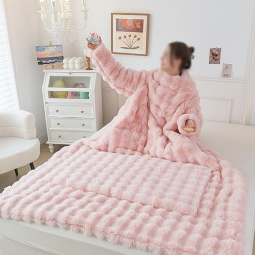 QTQHOME Snuggie Coperta con maniche e braccia, da donna, calda, spessa, coperta invernale per sedia a rotelle (150 x 200 cm, rosa)
