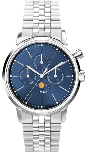 Timex Marlin Moon Phase Herren-Armbanduhr, 40 mm, Edelstahlarmband, blaues Zifferblatt, Edelstahlgehäuse, Edelstahl/Blau/Edelstahl, Modern