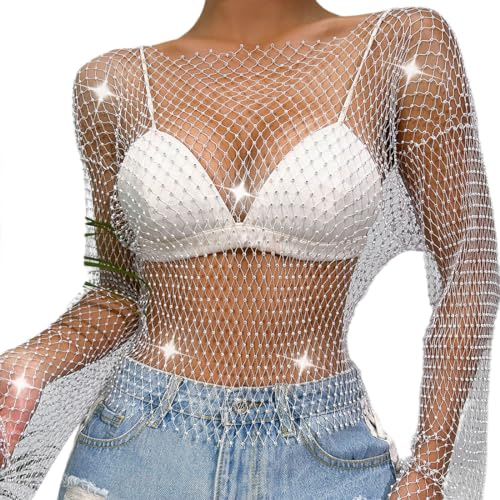 IBAKOM Women's Sparkle Shiny Glitter Rhinestone Crop Top Long Sleeve Fishnet Mesh Bikini Cover up Shirt Sheer Rave Tops