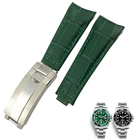 UMCNVV 20mm Curved End Watchbands Leather Strap Fit for Rolex 116610 Submariner Oyster GMT Daytona Slide Lock Buckle Cowhide Bracelets (Color : Green, Size : 20mm)