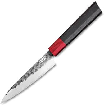 NIRO Coltello Professionale Utility in Acciaio Damascato, 67 Strati, Durezza 60 HRC, Manico Pregiato in Ebano e Sandalo, Bilanciamento perfetto, Resistente all’usura