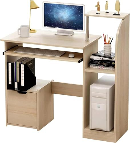Dhouse Office Desk Computer Desk with Sliding Keyboard and Storage Natural Color Small Desk Wooden Desks & Workstations for Home Office Bedroom 31.5x12x35.4 Inch