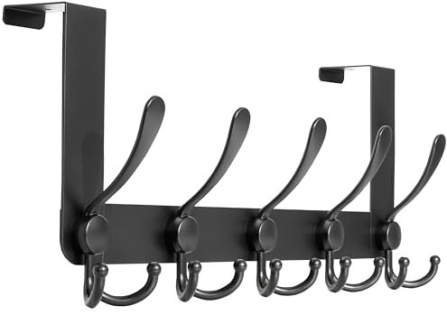 HONSKY Over Door Hook- Stylish,5 Triple Hooks Sturdy Over Door Hanger,Metal Durable Door Towel Rack for Hanging Coat,Clothes,Jacket,Black