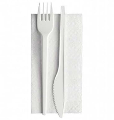 25/50/100/250 BIS DI POSATE IMBUSTATE CON TOVAGLIOLO - monouso - biodeagradabili - SET BIANCO Posate compostabili 100% Naturale (250 PEZZI)