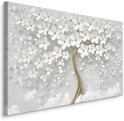 Muralo - Leinwandbild Aufhängefertig mit Abstraktion-Motiv - Bild für Wohnzimmer, Schlafzimmer, Büro, Restaurant - Wandbild Wanddeko Modern - Weißer Blumenbaum 3D-Effekt - Br.120cm x Hö.80cm