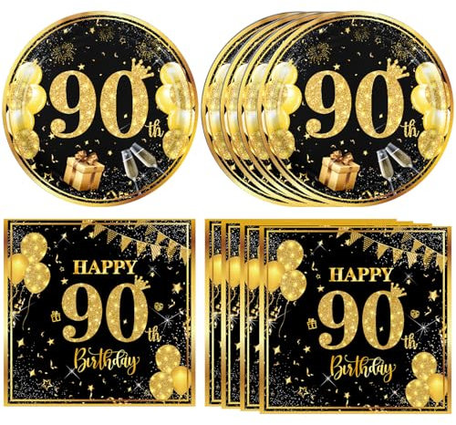 40PCS 90th Birthday Decorations for Men Black and Gold Happy 90th Birthday Decorations 90th Birthday Party Plates Napkins for Men Women Birthday Anniversary supplies Serve 20