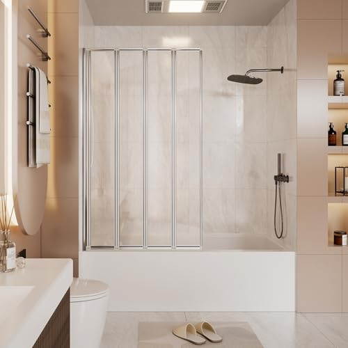 Folding Pivot Bathtub Shower Door with Linkage Hinge Fixtures, Bi Fold Framed Bath Screen Tub Door with Tempered Safety Glass,31 1/2 in. W x 55 in. H (Chrome)