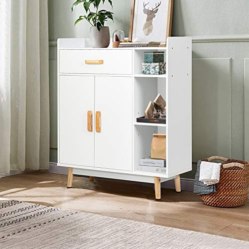 GIANTEX Sideboard Kommode weiß, Aufbewahrungsschrank Bücherschrank mit 1 Schublade & 2-türigem Schrank & 3 offenen Fächern, Freistehender Lagerschrank mit Kippsicherung, Beistellschrank 80x30x95 cm