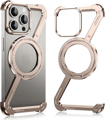 SEZQMA Metal Bumper Case for iPhone 16 Pro Max, Minimalist Z Aluminum Cover Design, Compatible with MagSafe, Ultra Thin Frameless Frame with 360° Rotatable Magnetic Ring, Desert Titanium