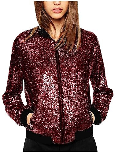 ANHATUIV Damen-Bomberjacke mit Pailletten, glitzernde Cropped-Jacke, langärmelig, Reißverschluss, Pailletten, Bomberjacke, Biker, Festival, Club, Party, Club, Top für Party, Festival, A02-Wine, M