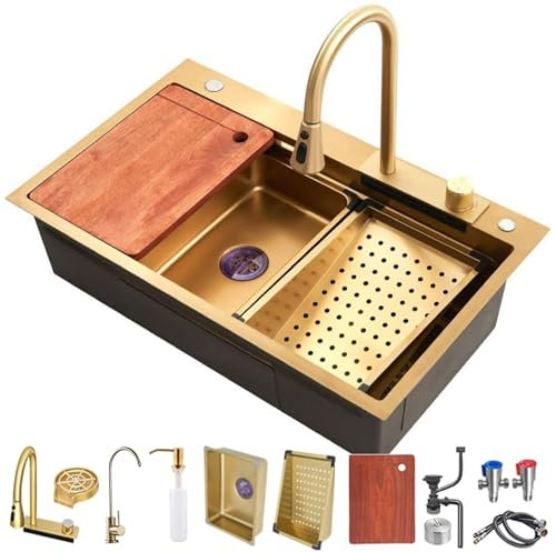 68x45cm Fregadero de cocina en cascada negro, Inoxidable Gran Fregadero Sobre Encimera, multifuncional 1 Seno Gran Fregadero, Con Grifo Multifuncional Y Varios Accesorios