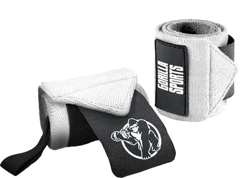 GORILLA SPORTS® Handgelenk Bandagen - 2er Set, 45 x 8cm, Baumwolle, Nylon, mit Klettverschluss, Farbwahl - Handgelenkstütze Sport, Gym Wrist Wraps, Krafttraining, Calisthenics (Grau)