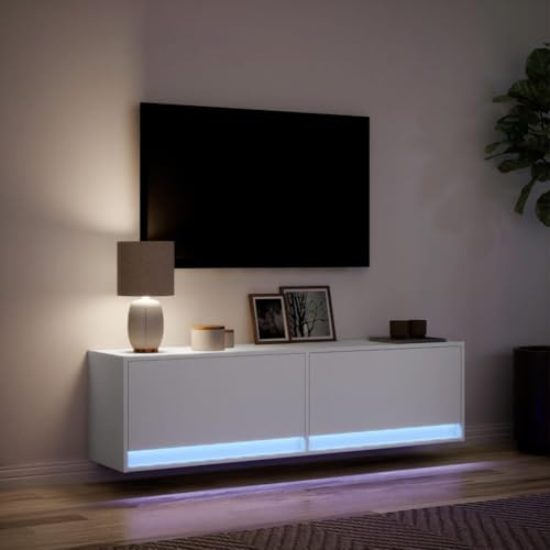 IKAYAA Mueble TV Suspendido con iluminación LED 140x31x38 cm Mesa TV Flotante Mueble TV Colgante Mueble de Salón Suspendido con Compartimiento con 2 Cajones Blanco