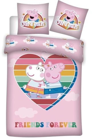 Aymax Peppa Wutz Bettwäsche 140x200 cm – Kinder Bettwäsche Set mit Kissenbezug 63x63 – Mikrofaser – Friends Forever Design
