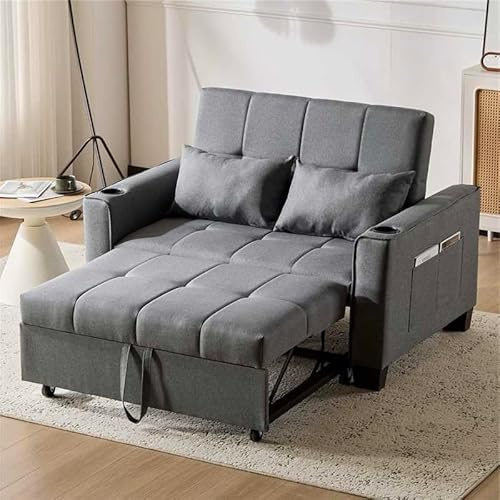 BTM 2 Seater Sofa with Cup Holders, Fabric Pull Out Sofa Bed, Foldable Sofa Couch Chaise Lounge for Living Room/Apartment/Small Space, Grey