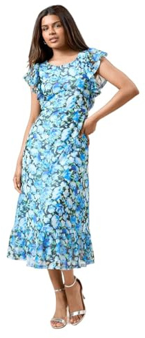 Dorothy Perkins Petite Black Floral Frill Sleeve Belt Detail Mesh Jersey Midi Dress, 8, Black