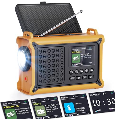 ROCAM Radio d'urgence Solaire Dab+/FM avec Bluetooth 5.0, Radio Numérique Portable 12000mAh avec Panneau Solaire 8500mm² & Manivelle 650mA, Écran Couleur 2,4, 80 Stations, SOS, Lampe LED, USB, IPX6