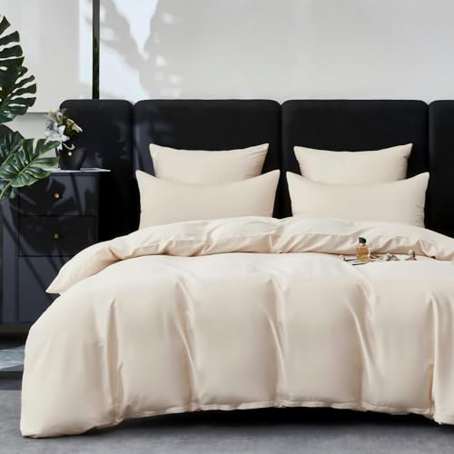 YASMENG Bettbezug aus Baumwollsatin, 240 x 260 cm, Hellbeige, 100 % Baumwolle, Satin, weich, seidig, atmungsaktiv, Lyocell, Seide, Bettwäsche für Doppelbett, mit Reißverschluss und Kissenbezügen, 65 x