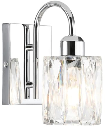 XiNBEi Lighting Modern Chrome Wall Lights with K9 Crystal Shade Living Room | Crystal Wall Sconce, Squared Backplate, E27 Socket, Sconce Lights for Bathroom Bedroom Kitchen Stairway Hallway Corridor