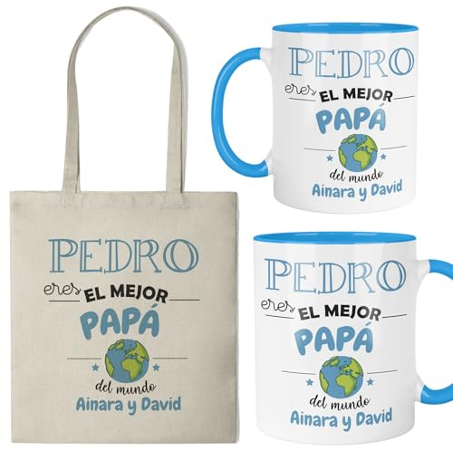 Kembilove® Taza regalo padre personalizada con nombre | Pack taza y bolsa para el mejor papá del mundo | Regalo original día del padre, cumpleaños, Navidad