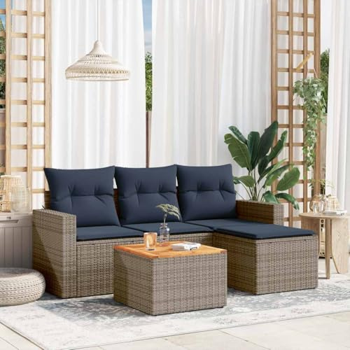 Teenpull Gartensofa-Set, 5-teilig, Grau, Polyrattan, Modulare Outdoor Lounge Möbel mit Stauraum, Akazienholz-Tischplatte, UV-beständig