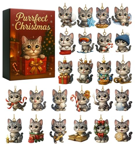 Adventskalender - 24 Stück Katzenanhänger aus Acryl - Katze zu Weihnachten