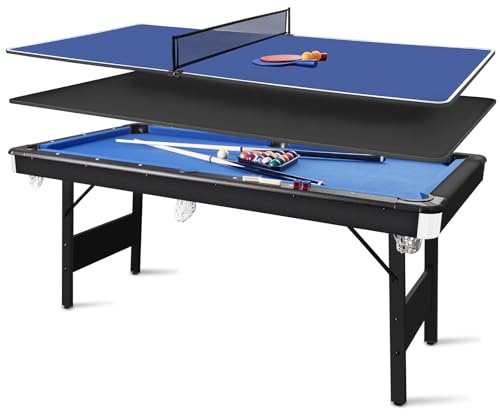 6FT Foldable 3-in-1 Multi-Functional Game Table - Pool Table/Ping Pong Table/Dining Table Combo with Full Billiard Accessories for Adults & Kids