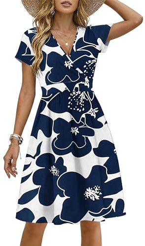 WNEEDU Women's Summer Dresses Short Sleeve V Neck Empire Waist Casual Knee Length Dress with Pockets