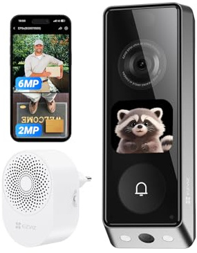 EZVIZ Video Doorbell Wireless 6MP & 2MP with Chime, 9600 mAh Battery, EP8 | One Extra Backup Battery Included, Integrated Screen, Person Parcel Detection, 32 GB Internal Memory, Colour Night Vision
