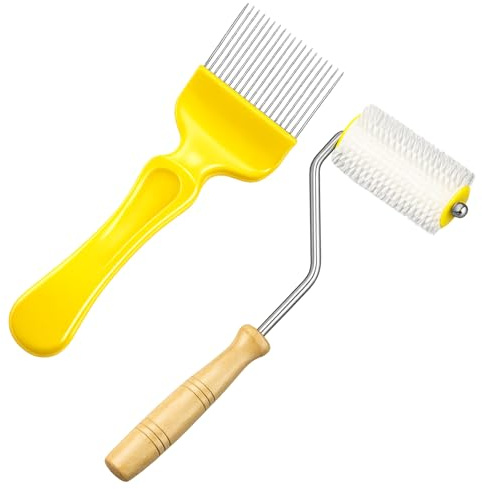 Oh Klyzo 2 Pcs Beekeeping Tools Set, Includes 1 Honey Extractor Uncapping Needle Roller and 1 Stainless Steel Bee Keeping Uncapping Fork with 18 Tines for Bee Keeping Supplies