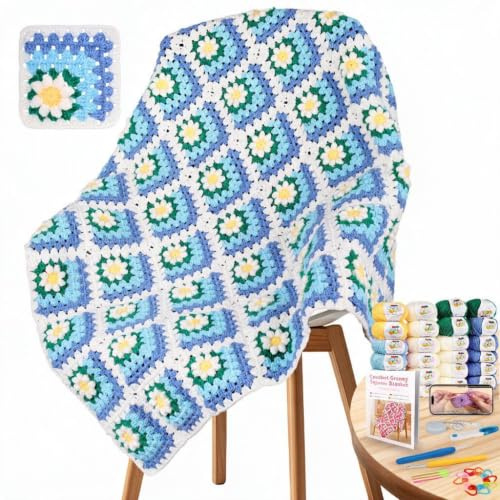 Coopay Granny Square Häkelset für Anfänger, Häkel Set für Gänseblümchen Decke 3D, Komplett Häkelset mit Häkelnadel, Häkelgarn, Häkel Set mit Schritt-für-Schritt Videoanleitung, Häkeln Lernen - Blau