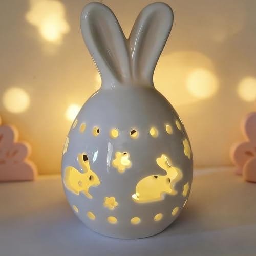 Bajbumgn LED Ostereier Keramik, Leuchtende Osterdeko Osterei mit Ausgehöhltem Hasens und Flower, Ostern-Frühlings-Heimdekoration für Tischaufsatz