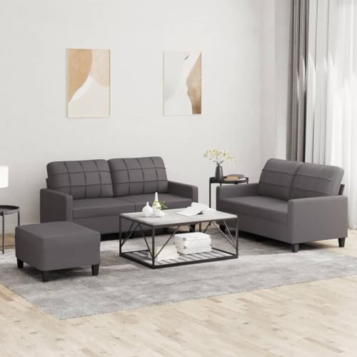 HETFTJN 3-teilige Kunstleder Sofagarnitur grau 138x77x80 cm Zweisitzer Couchgarnitur mit Hocker & Kissen Modernes Design Robust & Platzsparend für Wohnzimmer Büro Jugendzimmer