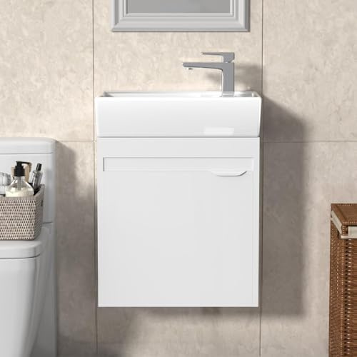 WEDGO Bathroom Sink and Vanity Unit – 40cm Wall Mounted Cloakroom Vanity with Basin, Compact White Cabinet for Small Bathrooms or Guest WC
