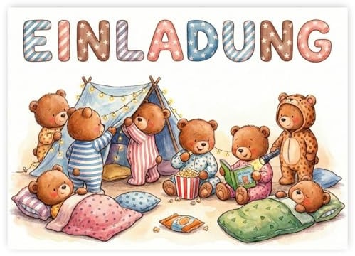 LIEBEVON 12x Übernachtungsparty Einladungskarten Kindergeburtstag - Bären Motiv A6