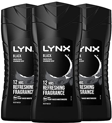 3 Pack of Lynx 12 Hours Shower-Fresh Scent Refreshing Black Pear and Cedarwood Scent Body Wash, 225ml with Plant-based Moisturisers