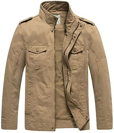 WenVen Men's Casual Cotton Jacket Outdoor Lightweight Leisure Jacket Classic Full-Zip Jacket Military Jacket Khaki M