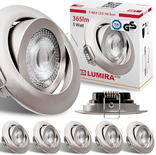 max K O M F O R T - 6x LED Einbaustrahler Ultraflach 5 Watt Edelstahl-Optik schwenkbar 230V Rund warmweiß Deckenstrahler Spot Deckenspot Lumira