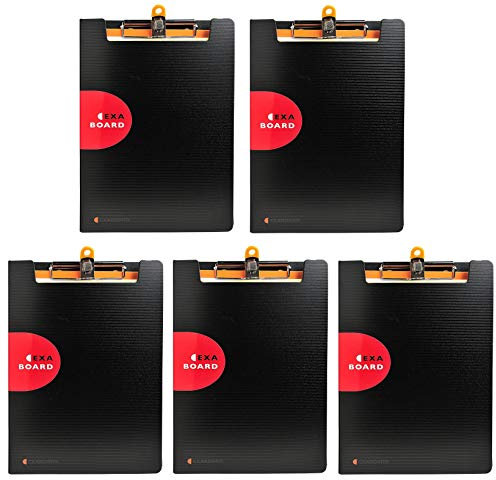 5er Pack Exactive Klemmbrett Exaboard in Schwarz mit Deckel und Gummibandverschluss/Schreibpult mit Stifthalter und integriertem Fach/Clipboard (35,2 x 23 cm)