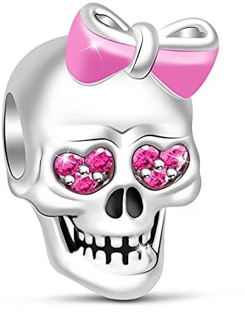 GNOCE Schädel Charms Anhänger 925 Sterling Silber Perlen Charm Rosa Emaille Bowknot & Rosa Saphir CZ Steine für Armbänder Halsketten Herz in meinen Augen