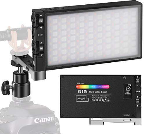 Pixel G1s RGB LED Videoleuchte, Eingebaut 12W Akku Video Licht, Volle Farbe und 12 Farblicht, CRI≥97 2500-8500K Dimmbar RGB Kamera Licht mit Gehäuse aus Aluminiumlegierung