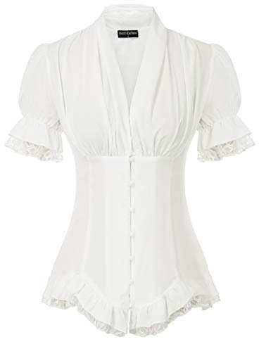 SCARLET DARKNESS Damen Steampunk Bluse Kurzarm V-Ausschnitt mit Rüschen Schnürrücken Gothic Tunika 2XL Weiß