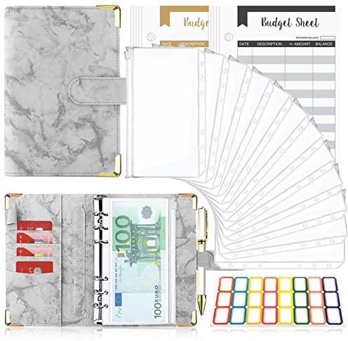 Budget Planner Budget Binder A6, Budgetplaner Geld Organizer mit Weiche PVC Tasche, TAOPE Leder Binder Notizbuch A6 Cash Stuffing, 6 Löcher Budget Planner, Haushaltsbuch mit Geldfächer Marmor Grau