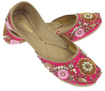 Fulkari Women's Bergenia Gold Genuine Soft Leather Embroidered Jutis | Bite and Pinch Free Jutti | Punjabi Formal Juttis | Girl's Wedding Flat Ladies Mojari | Formal Ethnic Juti |, Magenta Gold, 7 UK