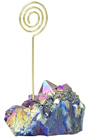 KYEYGWO Kristall Fotohalter Stein Tischkartenhalter, Hochzeit Kartenhalter Edelstein Platzkartenhalter Deko Tischnummernhalter Titanbeschichteter Bergkristall Memohalter für Büro Haus, Kreisförmig