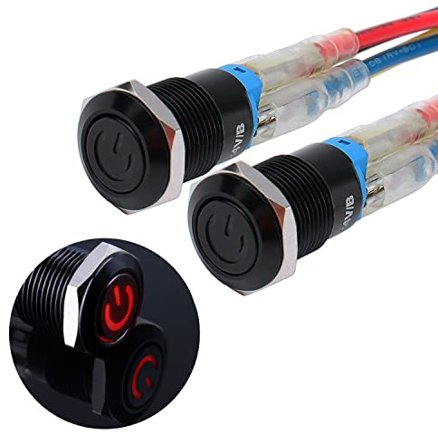 JIQI 2× 12mm Rastend wasserdicht Druckschalter 12V bis 24V 2A IP66 Latching Push Button mit LED Power Symbol einrastend EIN/AUS Schalter aus Metall schwarz Drucktastenschalter für KFZ DIY Auto (Rot)